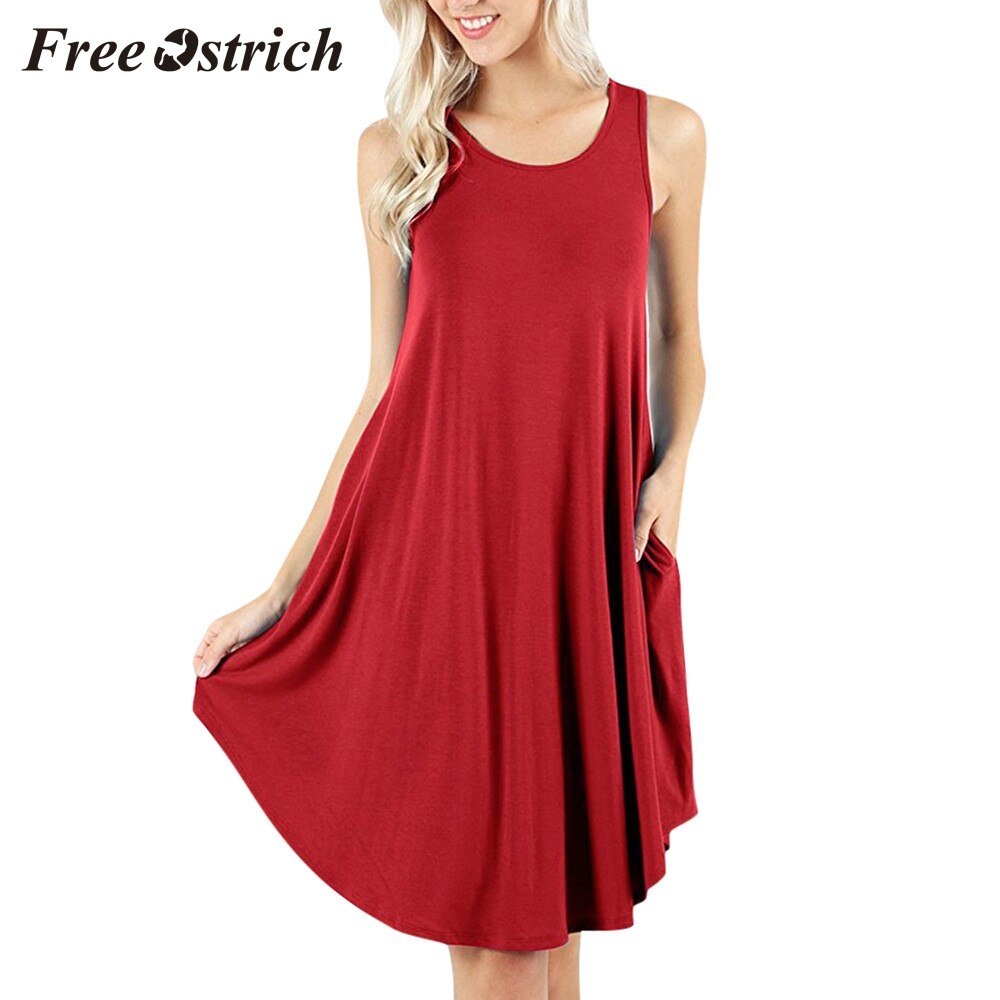 Free Ostrich 2019 Women's Sleeveless Dress Pockets Casual Swing Dresses Soft Home Casual Solid Tank Mini Dress For Women