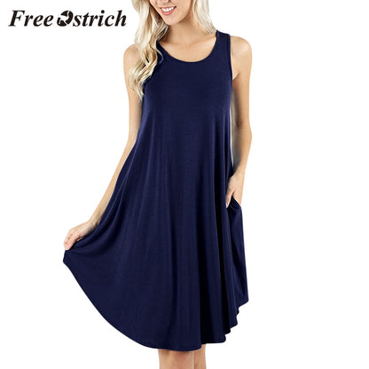 Free Ostrich 2019 Women's Sleeveless Dress Pockets Casual Swing Dresses Soft Home Casual Solid Tank Mini Dress For Women