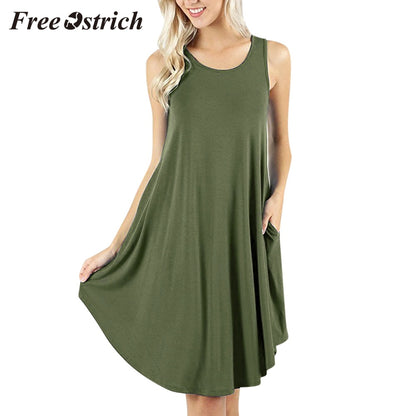 Free Ostrich 2019 Women's Sleeveless Dress Pockets Casual Swing Dresses Soft Home Casual Solid Tank Mini Dress For Women