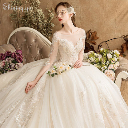 French New Style Lace  Wedding Dress Boat Neck Long Tail Long Sleeve Elegant Bridal Gown