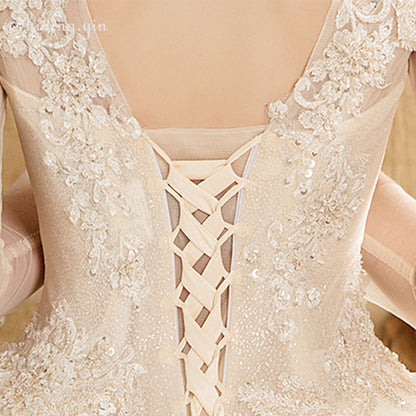 French New Style Lace  Wedding Dress Boat Neck Long Tail Long Sleeve Elegant Bridal Gown