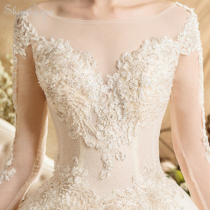 French New Style Lace  Wedding Dress Boat Neck Long Tail Long Sleeve Elegant Bridal Gown