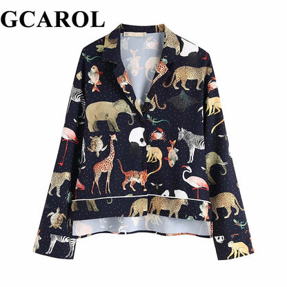 GCAROL Women Long Sleeve Animal Print Blouse Notched Collar Loose Crop Tops Vintage Asymmetric Length Casual Shirts For 4 Season
