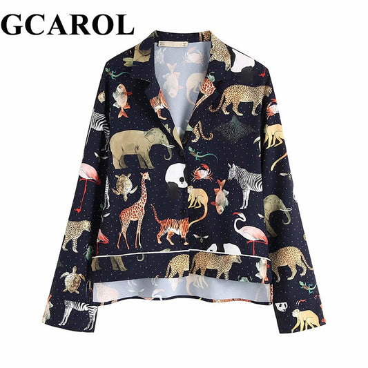 GCAROL Women Long Sleeve Animal Print Blouse Notched Collar Loose Crop Tops Vintage Asymmetric Length Casual Shirts For 4 Season