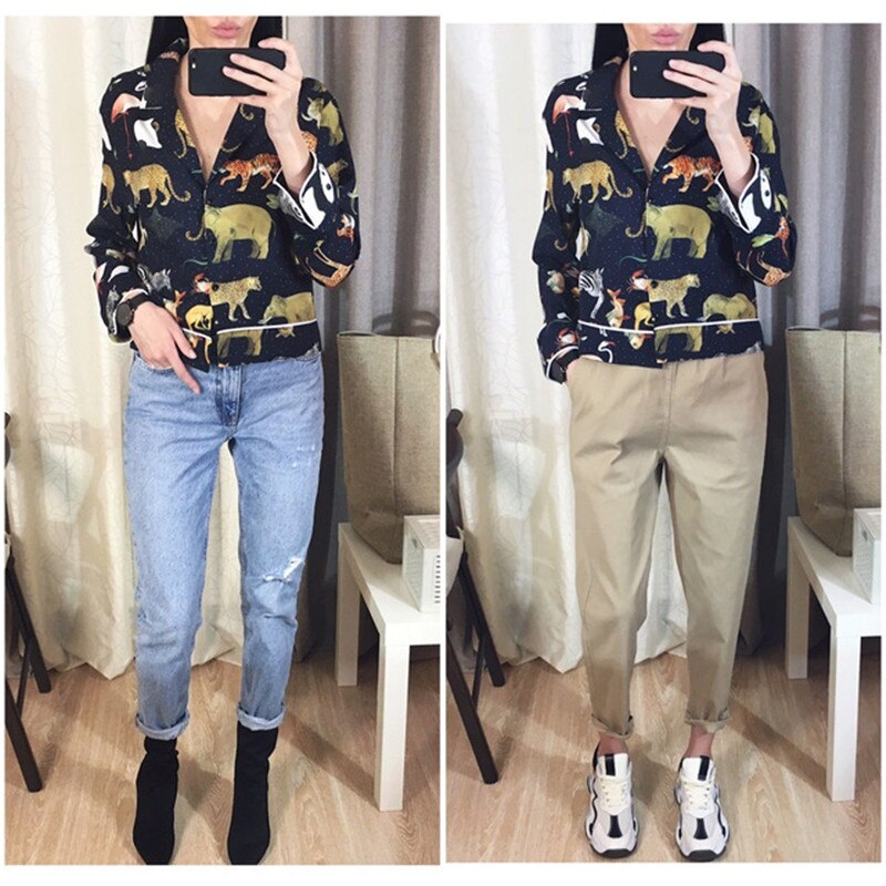 GCAROL Women Long Sleeve Animal Print Blouse Notched Collar Loose Crop Tops Vintage Asymmetric Length Casual Shirts For 4 Season