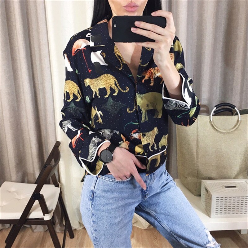 GCAROL Women Long Sleeve Animal Print Blouse Notched Collar Loose Crop Tops Vintage Asymmetric Length Casual Shirts For 4 Season