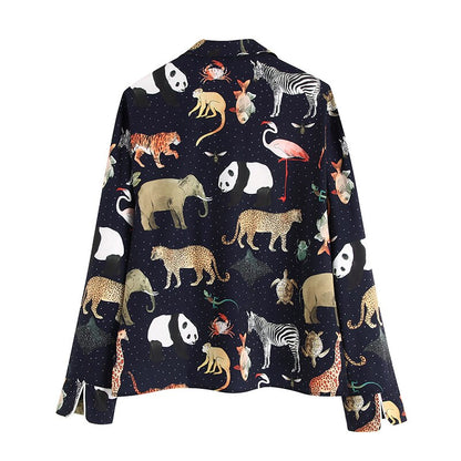 GCAROL Women Long Sleeve Animal Print Blouse Notched Collar Loose Crop Tops Vintage Asymmetric Length Casual Shirts For 4 Season