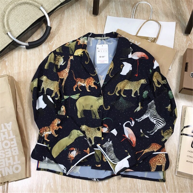 GCAROL Women Long Sleeve Animal Print Blouse Notched Collar Loose Crop Tops Vintage Asymmetric Length Casual Shirts For 4 Season