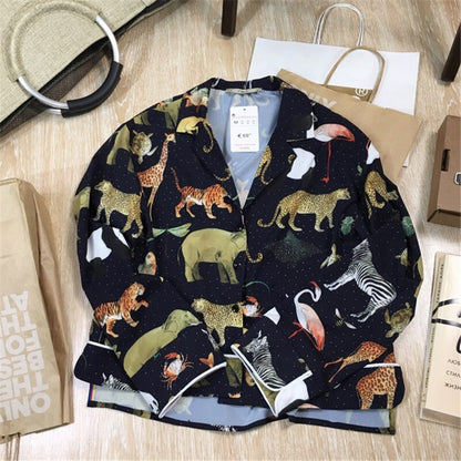 GCAROL Women Long Sleeve Animal Print Blouse Notched Collar Loose Crop Tops Vintage Asymmetric Length Casual Shirts For 4 Season