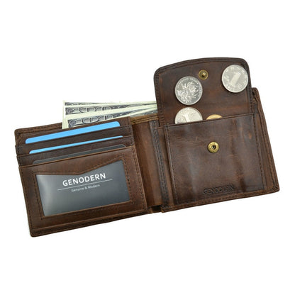 GENODERN Cow Leather Men's Wallet with Coin Pocket Vintage Male Purse Function Brown Genuine Leather Men Wallet with Card Holders