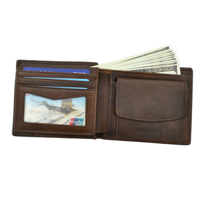 GENODERN Cow Leather Men's Wallet with Coin Pocket Vintage Male Purse Function Brown Genuine Leather Men Wallet with Card Holders