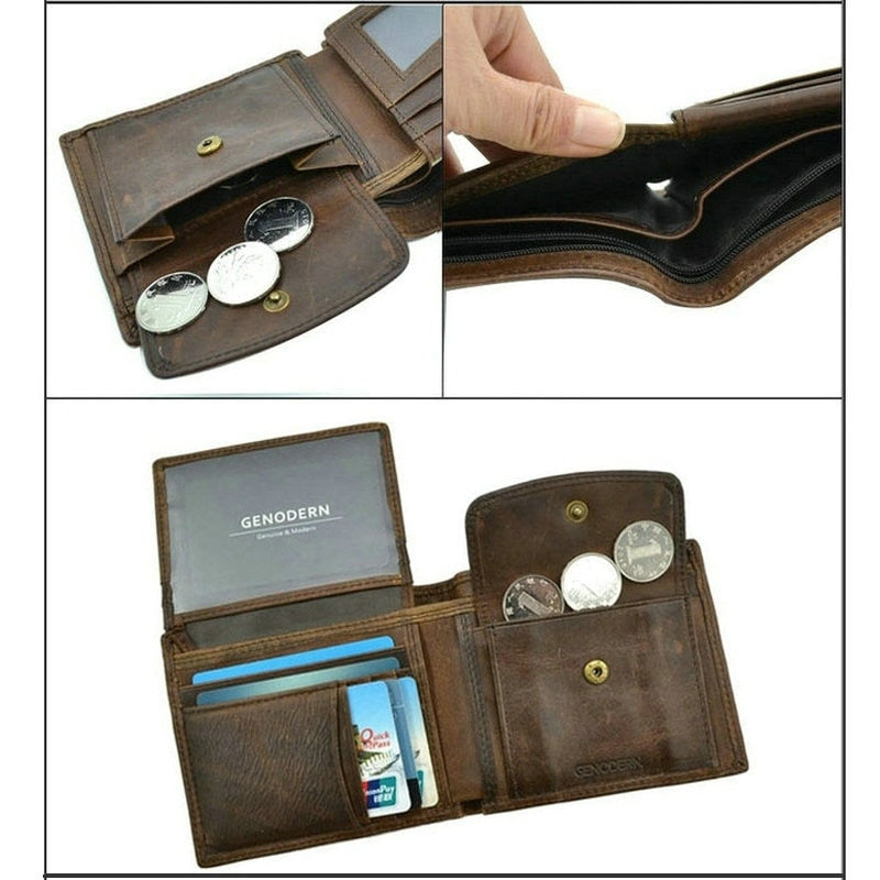 GENODERN Cow Leather Men's Wallet with Coin Pocket Vintage Male Purse Function Brown Genuine Leather Men Wallet with Card Holders