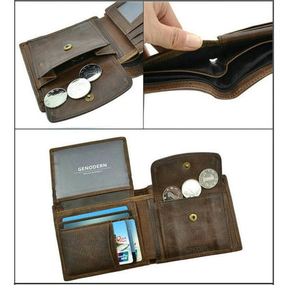 GENODERN Cow Leather Men's Wallet with Coin Pocket Vintage Male Purse Function Brown Genuine Leather Men Wallet with Card Holders