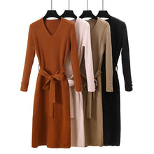 Load image into Gallery viewer, GIGOGOU Women Knitted A Line Dress OL Style Long Sleeve Thick Sweater Dress Winter V Neck Sashes Maxi Dress Robe Pull Midi Dress
