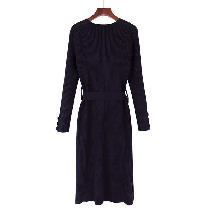 GIGOGOU Women Knitted A Line Dress OL Style Long Sleeve Thick Sweater Dress Winter V Neck Sashes Maxi Dress Robe Pull Midi Dress