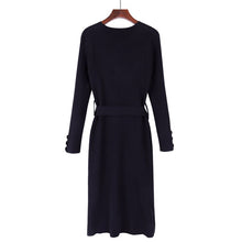 Load image into Gallery viewer, GIGOGOU Women Knitted A Line Dress OL Style Long Sleeve Thick Sweater Dress Winter V Neck Sashes Maxi Dress Robe Pull Midi Dress
