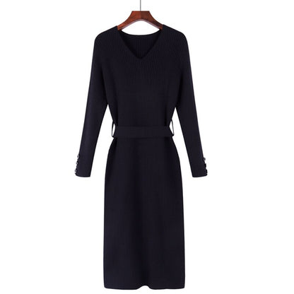 GIGOGOU Women Knitted A Line Dress OL Style Long Sleeve Thick Sweater Dress Winter V Neck Sashes Maxi Dress Robe Pull Midi Dress