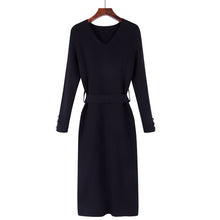 Load image into Gallery viewer, GIGOGOU Women Knitted A Line Dress OL Style Long Sleeve Thick Sweater Dress Winter V Neck Sashes Maxi Dress Robe Pull Midi Dress
