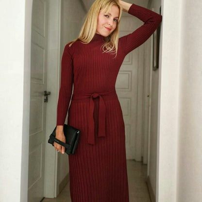 GIGOGOU Women Sweater Dress Autumn Winter Clothes New Chic Turtleneck Long Sleeve Knitted Dress Sashes A Line Long Dresses