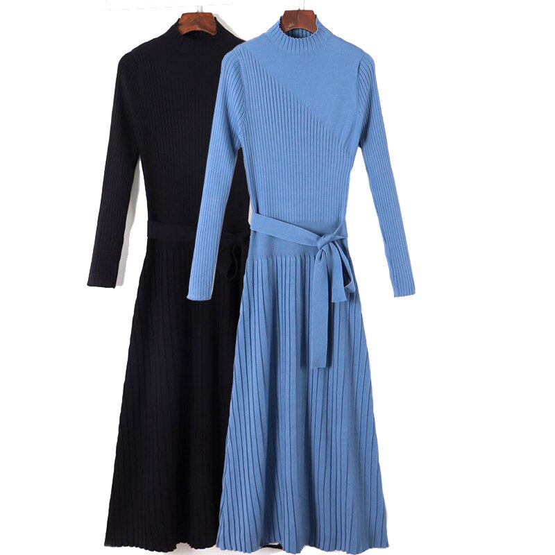GIGOGOU Women Sweater Dress Autumn Winter Clothes New Chic Turtleneck Long Sleeve Knitted Dress Sashes A Line Long Dresses