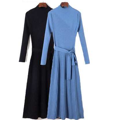 GIGOGOU Women Sweater Dress Autumn Winter Clothes New Chic Turtleneck Long Sleeve Knitted Dress Sashes A Line Long Dresses
