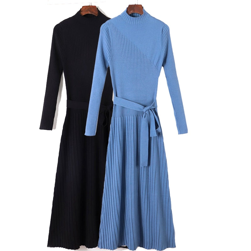 GIGOGOU Women Sweater Dress Autumn Winter Clothes New Chic Turtleneck Long Sleeve Knitted Dress Sashes A Line Long Dresses