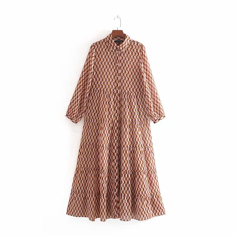 Geometric Printing Women Long Sleeve Shirtwaist Dress 2019 Autumn Leisure lady Loose Chiffon Dresses D3308