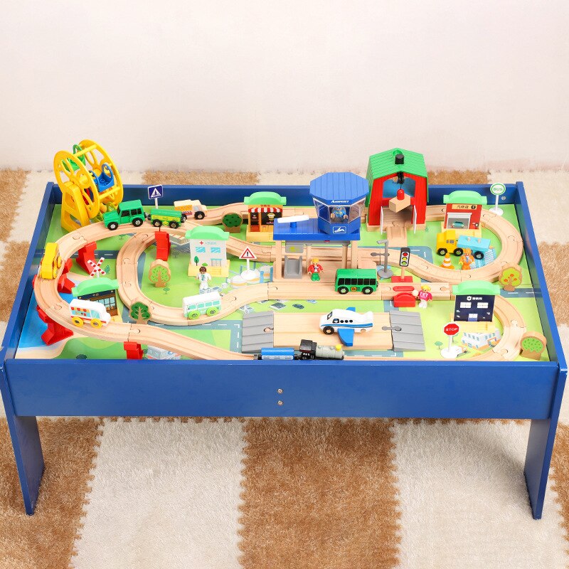Wooden Railway Table Hospital Bus Airport Station Orbit Game Table Set Toys Children Educational Train Korean Track Toys