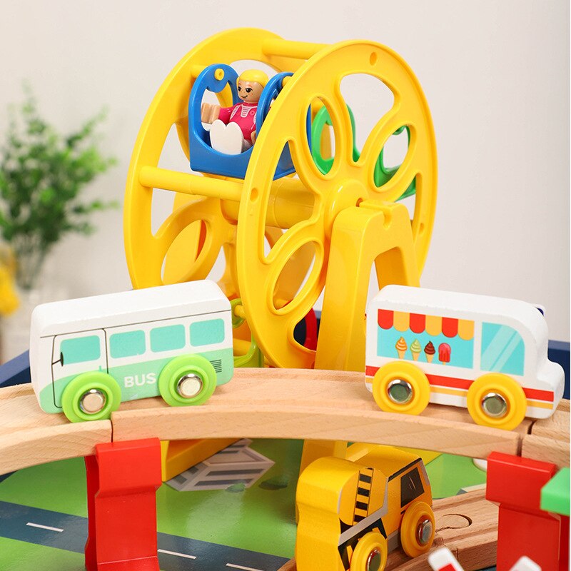 Wooden Railway Table Hospital Bus Airport Station Orbit Game Table Set Toys Children Educational Train Korean Track Toys