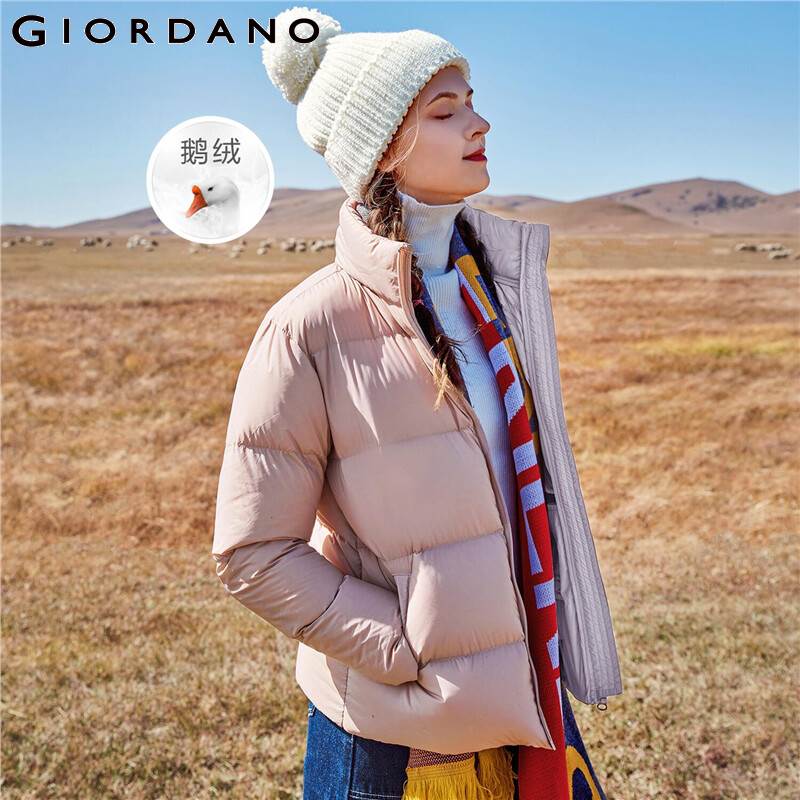 Giordano Women Down Jackets Stand Collar 90% White Goose Down Jacket Lightweight Slant Pocket Down Coat 05371706