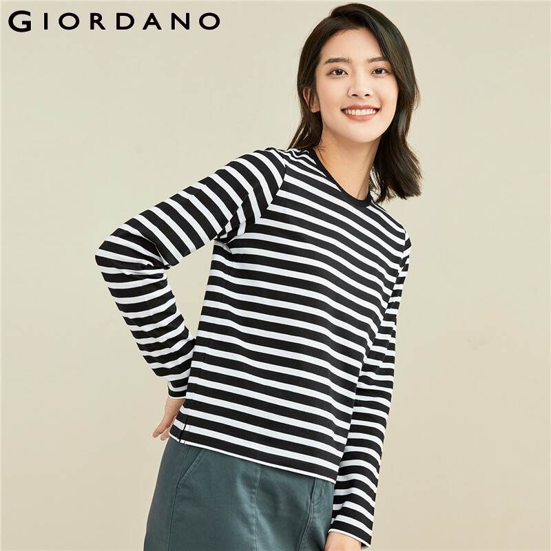 Giordano Women Tshirts Stripe Crewneck Long Sleeve Tee Shirts Casual Tshirts 13321751