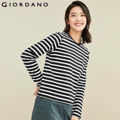 Giordano Women Tshirts Stripe Crewneck Long Sleeve Tee Shirts Casual Tshirts 13321751