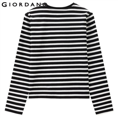 Giordano Women Tshirts Stripe Crewneck Long Sleeve Tee Shirts Casual Tshirts 13321751