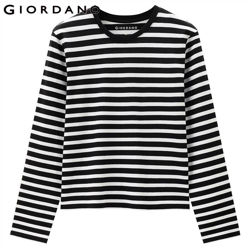 Giordano Women Tshirts Stripe Crewneck Long Sleeve Tee Shirts Casual Tshirts 13321751