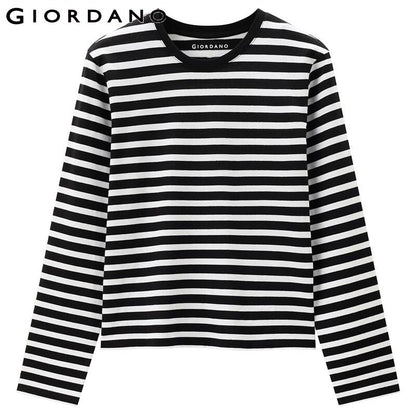 Giordano Women Tshirts Stripe Crewneck Long Sleeve Tee Shirts Casual Tshirts 13321751