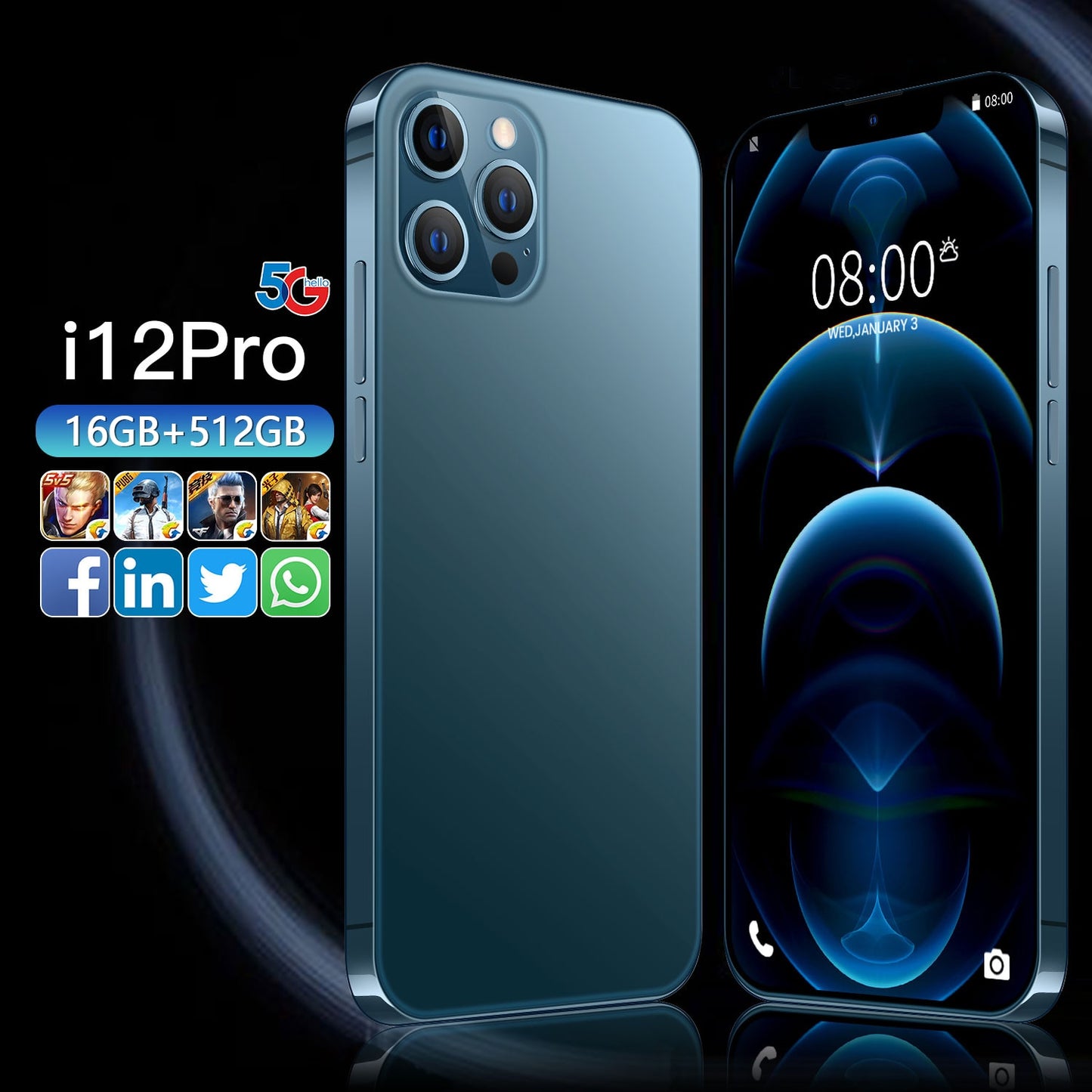 Global Version I12 Pro Max 6.7inch Smartphones 6800mAh 16G+512G Android Phone Celular Case Touch Screen Face ID 5G Network Phone