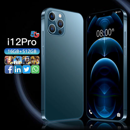Global Version I12 Pro Max 6.7inch Smartphones 6800mAh 16G+512G Android Phone Celular Case Touch Screen Face ID 5G Network Phone