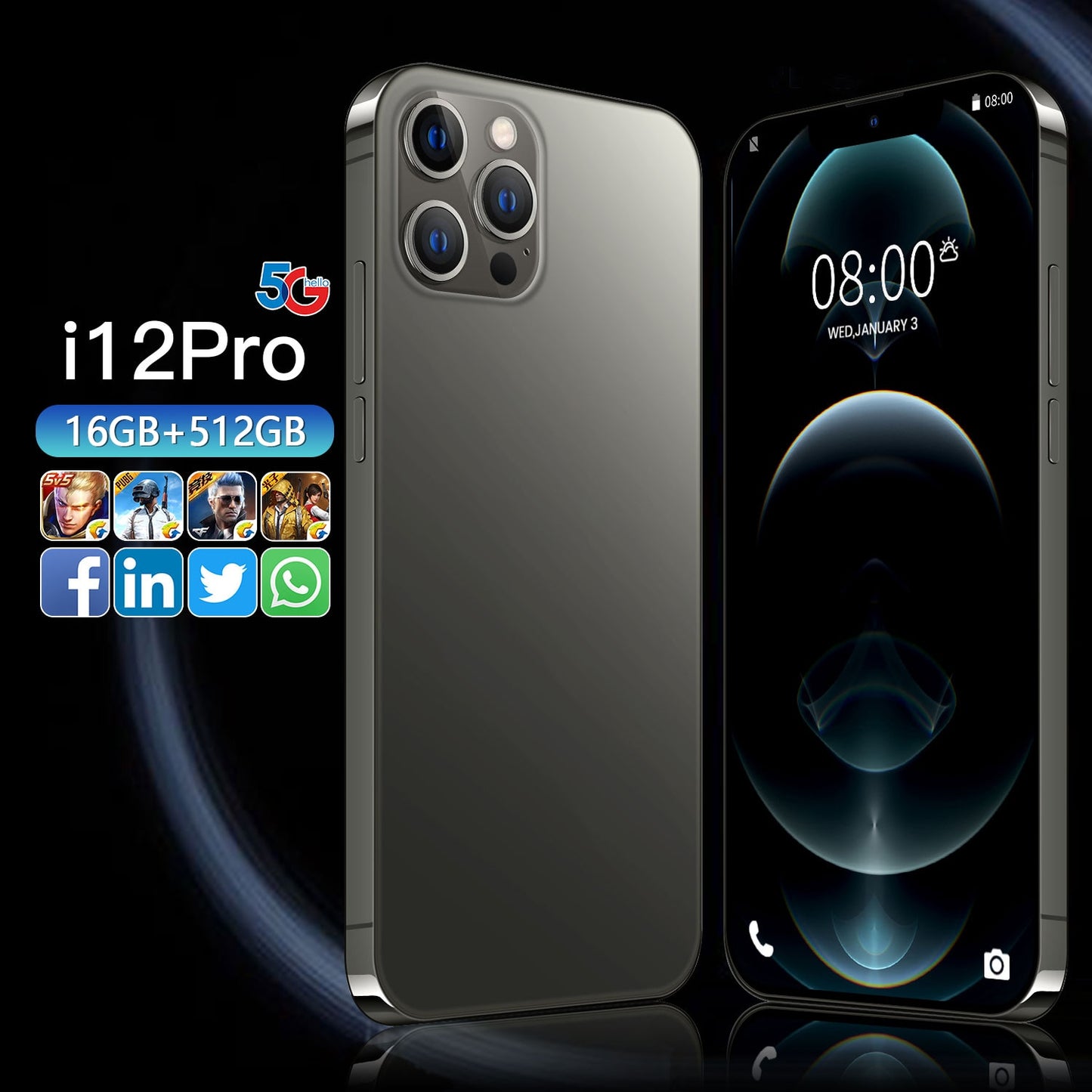 Global Version I12 Pro Max 6.7inch Smartphones 6800mAh 16G+512G Android Phone Celular Case Touch Screen Face ID 5G Network Phone