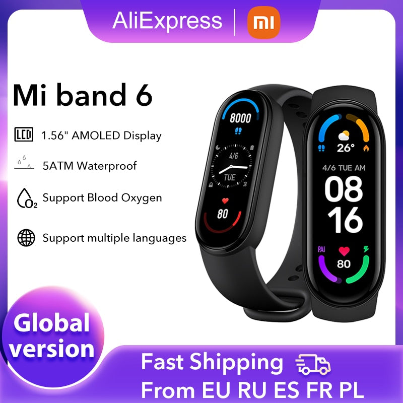 Xiaomi Mi Band 6 Smart Bracelet 1.56"AMOLED Screen miBand 6 Heart Rate Fitness Traker Bluetooth 5 ATM Waterproof