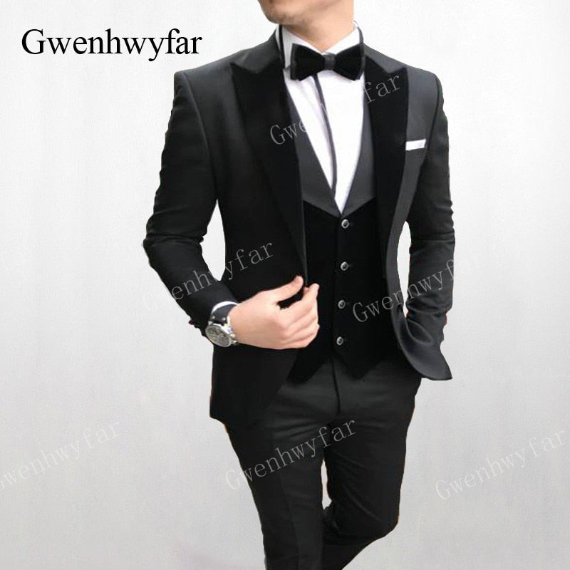 Gwenhwyfar Men Wedding Suits 2019 New Velvet Vest Custom Made Black Tuxedo 3 Piece Groom Terno Suits For Men (Jacket+Vest+Pants)