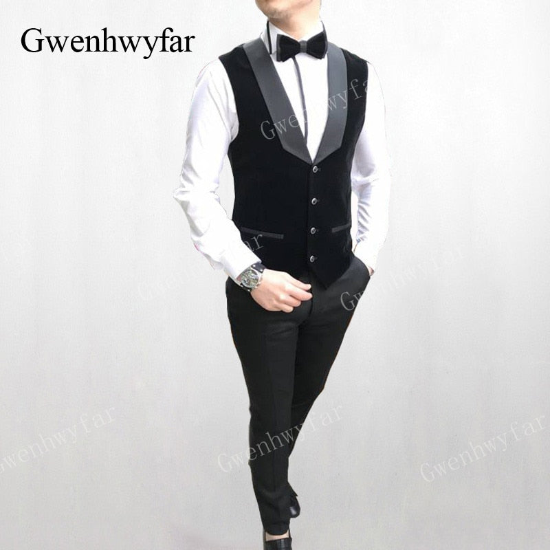 Gwenhwyfar Men Wedding Suits 2019 New Velvet Vest Custom Made Black Tuxedo 3 Piece Groom Terno Suits For Men (Jacket+Vest+Pants)