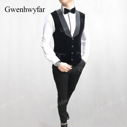 Gwenhwyfar Men Wedding Suits 2019 New Velvet Vest Custom Made Black Tuxedo 3 Piece Groom Terno Suits For Men (Jacket+Vest+Pants)