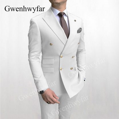 Gwenhwyfar Men's Suit Double Breasted 2020 Latest Design Gold Button Groom Best Man Wedding Tuxedos 2 Piece Suit
