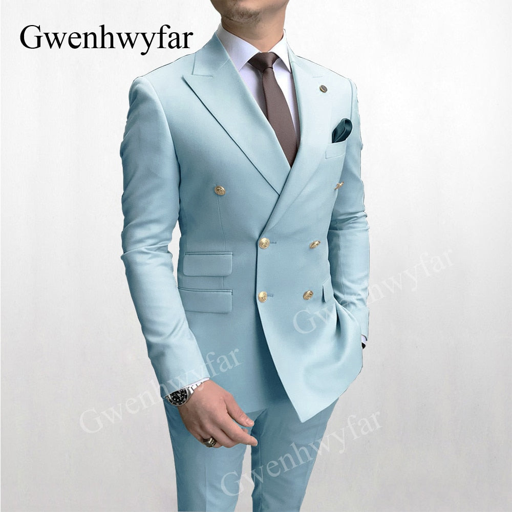 Gwenhwyfar Men's Suit Double Breasted 2020 Latest Design Gold Button Groom Best Man Wedding Tuxedos 2 Piece Suit