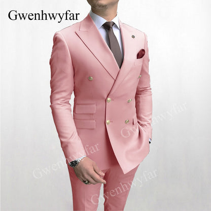 Gwenhwyfar Men's Suit Double Breasted 2020 Latest Design Gold Button Groom Best Man Wedding Tuxedos 2 Piece Suit