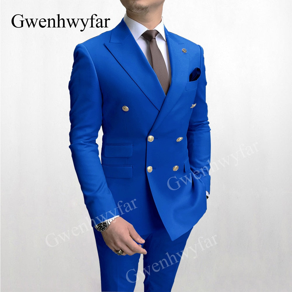 Gwenhwyfar Men's Suit Double Breasted 2020 Latest Design Gold Button Groom Best Man Wedding Tuxedos 2 Piece Suit