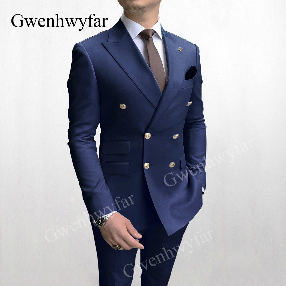 Gwenhwyfar Men's Suit Double Breasted 2020 Latest Design Gold Button Groom Best Man Wedding Tuxedos 2 Piece Suit