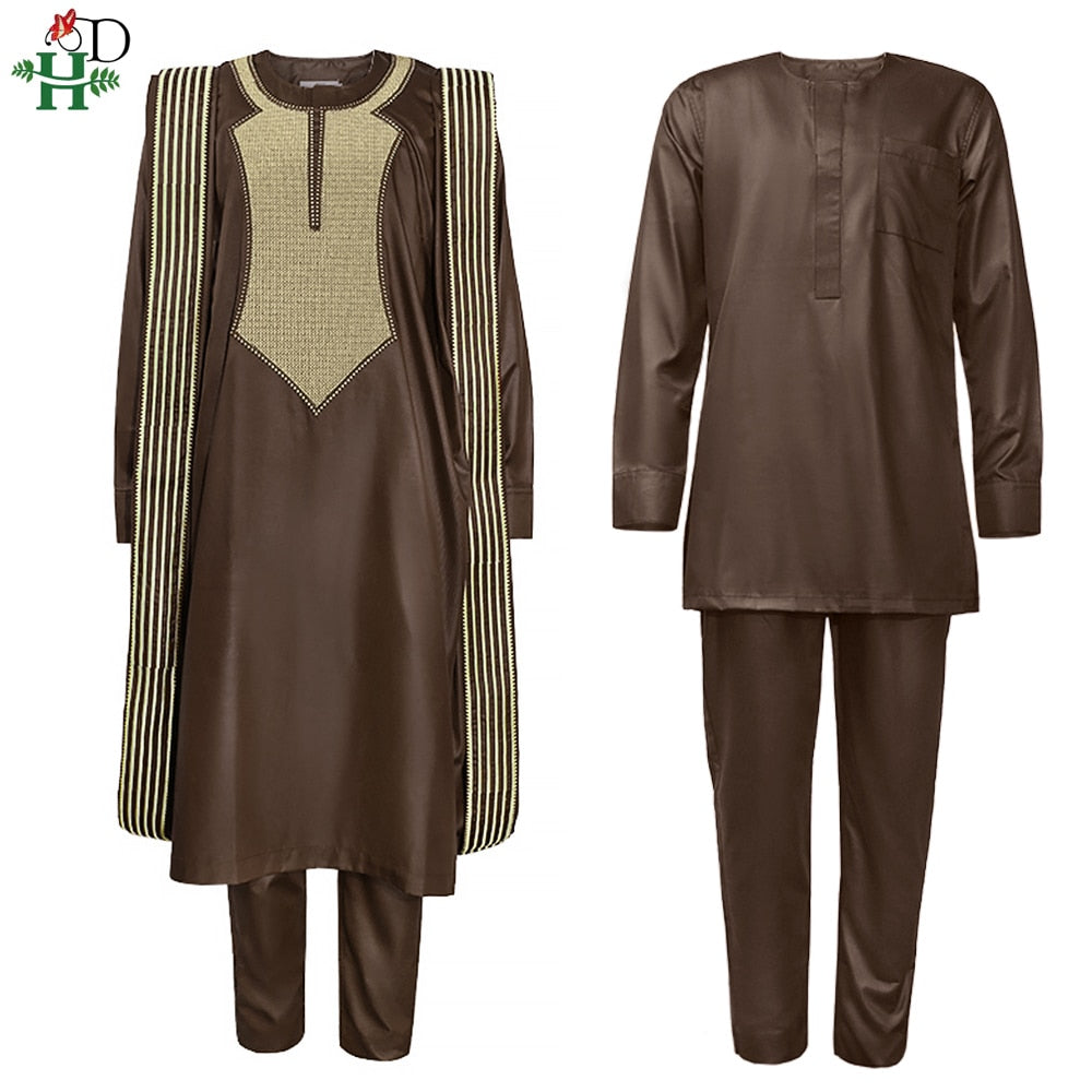 H&D African Agbada Suit For Men Embroidered Robes Dashiki Cover Shirt Pants 3 PCS Set Boubou Africain Homme Musulman Ensembles