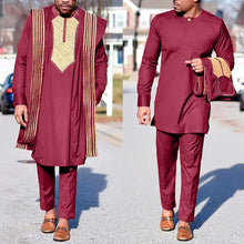 Load image into Gallery viewer, H&amp;D African Agbada Suit For Men Embroidered Robes Dashiki Cover Shirt Pants 3 PCS Set Boubou Africain Homme Musulman Ensembles
