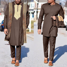 Load image into Gallery viewer, H&amp;D African Agbada Suit For Men Embroidered Robes Dashiki Cover Shirt Pants 3 PCS Set Boubou Africain Homme Musulman Ensembles
